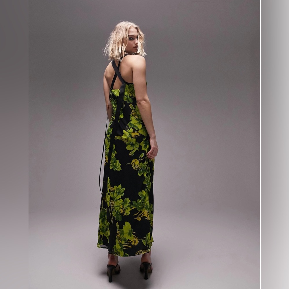 Topshop Floral Print Crossback Maxi Dress, green & black, size 2